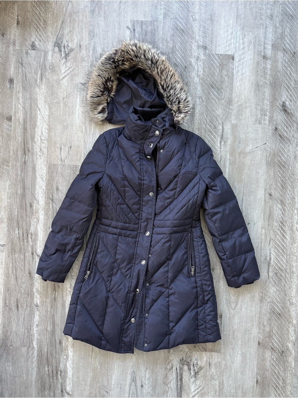 London Fog Purple Quilted Puffer Coat with Faux Fur Trim